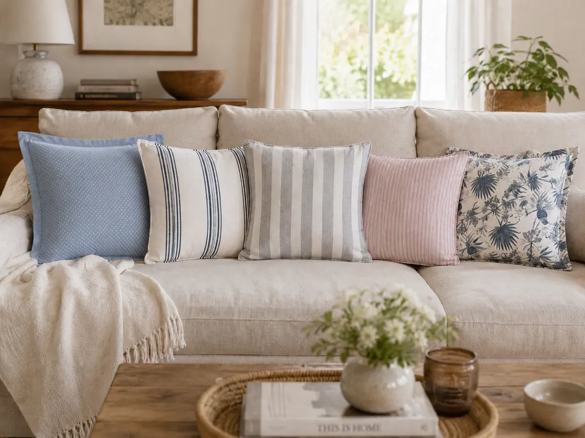 Almohadones a rayas, azul y rosa sobre sofá de lino