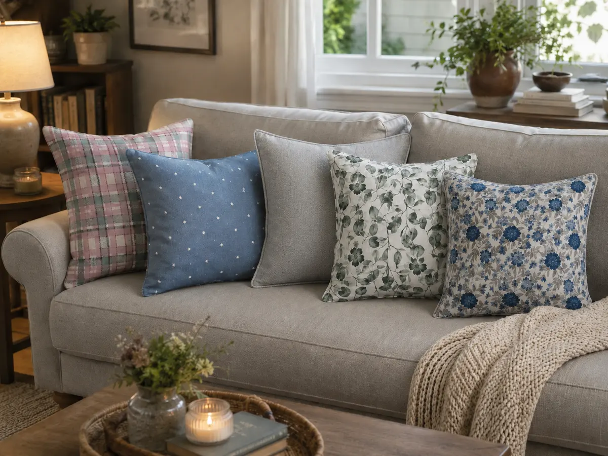 Almohadones mixtos en azul, verde y floral sobre sofá gris